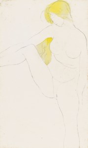 Femme nue assise tenant sa jambe droite écartée
