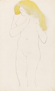 Femme nue debout, les mains à sa chevelure dénouée