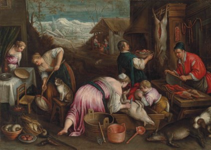 December: A village in winter with figures slaughtering a pig, others by a fire in a cottage, with snow-covered mountains in the distance
