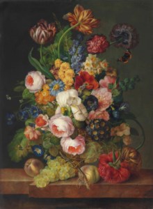Roses, parrot tulips, an iris, daffodils, peonies, morning-glory and other flowers with a Red Admiral, a bee and other insects in a sculpted urn with peaches and grapes on a marble ledge