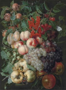 Grapes, peaches, hazelnuts, quinces, redcurrants and other fruit, with a brimstone butterfly, a bumblebee and other insects on a stone capital