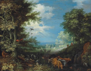 A wooded landscape with cattle, goats, a stag, ducks, a parrot and other birds, a herdsman and his dog beyond