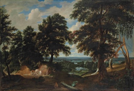 An extensive wooded landscape, with the conversion of Saint Hubert in the foreground