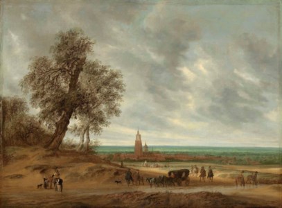 A panoramic landscape with travellers on a path, the city of Amersfoort beyond