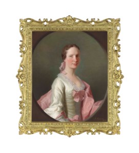 Portrait of Cecilia Craigie (b. 1727), half-length, in a white silk dress with pink ribbons and a pink wrap