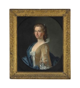 Portrait of a lady, half-length, in a yellow dress with ribbons and a blue wrap, in a feigned oval