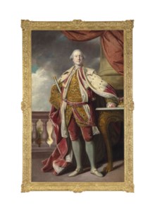 Portrait of James Hay (1726-1778), 15th Earl of Erroll, full-length, in Coronation robes, holding the baton of the Lord High Constable of Scotland, a balustrade and a tree beyond