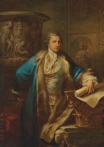 Portrait of James Adam (1732-1794), three-quarter-length, in an embroidered waistcoat and fur-lined blue coat, holding a pair of compasses, and a scroll, leaning on a capital, in an interior
