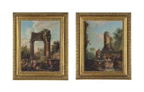 A capriccio with classical ruins and figures resting by a fountain in the foreground; and A capriccio with classical ruins and a centurion conversing with two figures, with a dog