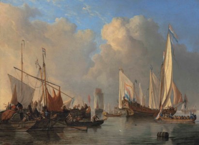 A Dutch States Yacht, a smalschip , a Rhine aak and other vessels in a calm
