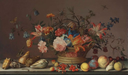 Parrot tulips, carnations, columbine, marigolds and other flowers in a woven basket, with shells, peaches, cherries, cranberries, plums, a grasshopper and other insects, on a stone ledge