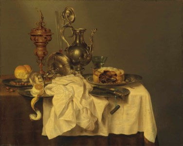 Willem Claesz. Heda (Haarlem 1594-1680), A blackberry pie on a pewter platter, a silver-gilded cup and cover, an upturned tazza, a partly-peeled lemon, a bread roll, hazelnuts, a façon-de-Venise glass, a silver decanter, a roemer, and a knife on a pewter platter, on a partly draped table