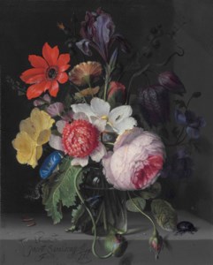 A peony, an iris, a poppy, anemones, morning glory and other flowers, in a glass vase, with a caterpillar, a beetle and other insects, on a stone ledge