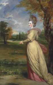 Sir Joshua Reynolds, P.R.A. (Plympton, Devon 1723-1792 London), Portrait of Lady Frances Marsham, later Countess of Romney (1755-1795), full-length, in a yellow dress and pink shawl, in a park landscape