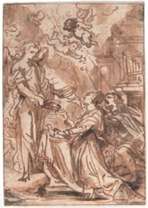 An angel presenting crowns to a kneeling couple in a church, putti above