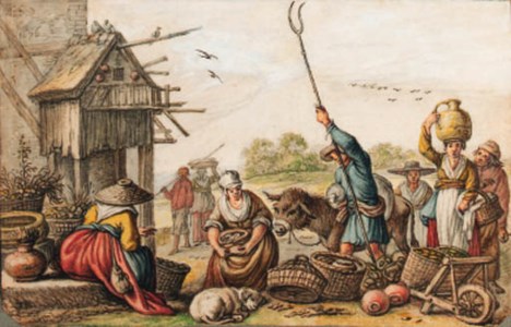 A country market by a house with a dovecote ( recto ); A study of a cavalier by another hand ( verso )