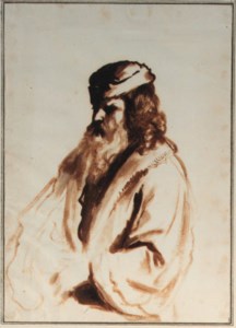 A bearded figure wearing a turban and fur coat, half length, turned to to the right