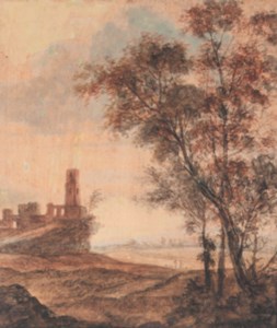 A hilly landscape with a ruin on a hill, trees in the foreground