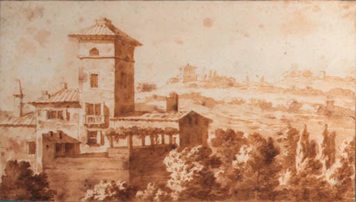 An Italian villa with a terrace in a hilly landscape
