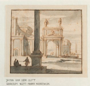A Roman temple with figures by a column in the foreground