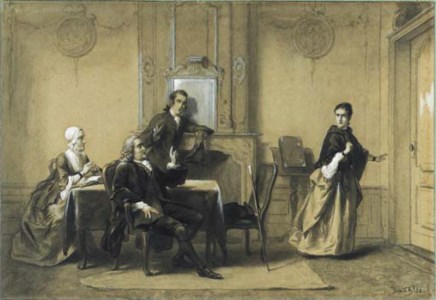 An elegant Family in an Interior with a young Woman leaving the Room