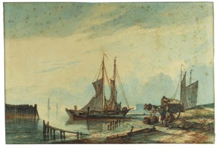 Fishing Boats moored by a Jetty, tradesmen and a horse-drawn cart on the beach