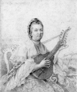 Portrait of a lady, three-quarter length, seated, playing a mandolin