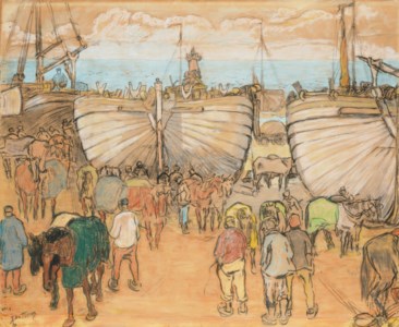 Bommen op het strand te Katwijk ( recto ); Twee schelpenvissers ( verso )