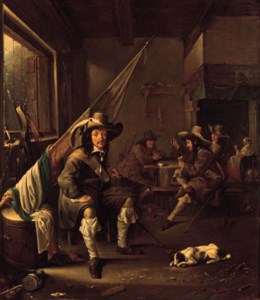An ensign seated by a barrel in a guardroom, officers playing at cards by a chimney beyond
