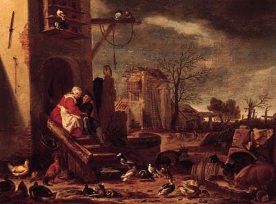 A couple embracing by a farmhouse, the Prodigal Son among swine beyond