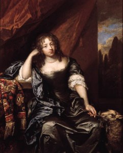 Portrait of a lady, seated small three quarter length on a draped balcony, wearing a grey silk dress with lace chemise, blue wrap and pearl necklace, holding a branch in her left hand, her head resting on her right arm, sheep nearby