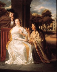 A gipsy telling the fortune of a young couple under an arcade: she seated small full length, wearing a white silk dress with yellow wrap, he leaning over a balustrade, wearing a light brown mantle, a country house in a garden beyond