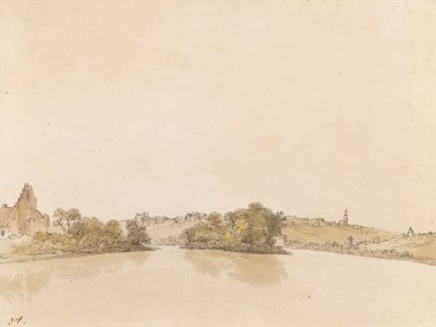 Paysage fluvial avec une ville à l'arrière-plan (recto) ; E squisse de trois personnages (verso)