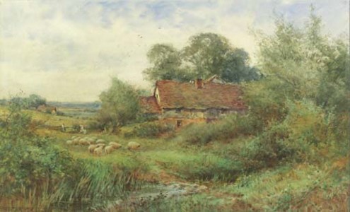 A cottage near Flitwick, Bedfordshire with sheep grazing in the foreground