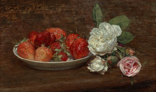 Nature morte, grosses fraises et roses