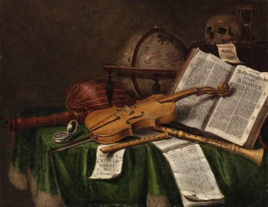 Vanitas still life with an astrological globe, a violin, a skull, an hourglass, an open book, a score, a watch, a lute and other musical instruments on a draped table