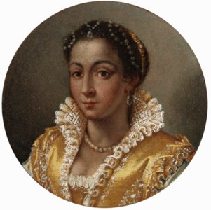 Portrait of a girl, bust-length, in a yellow silk dress with a lace collar , a pearl necklace and string of pearls in her hair
