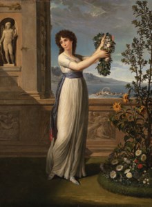 Portrait of a lady, full-length, holding a garland of flowers by a stone parapet with classical reliefs and statues, a view of a bay with the Triumph of Galatea beyond