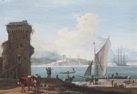 An extensive view of a port with sailors unloading cargo on a quay