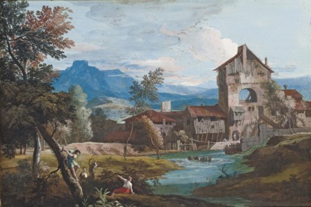 A watermill in an extensive mountainous landscape, with peasants climbing trees in the foreground