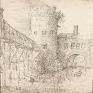 A mill with a fortified bridge, a rowing boat in the foreground