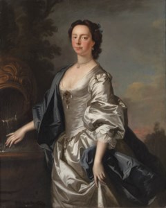 Portrait of a Lady, probably Elizabeth Morice, Mrs Humphry Hale, three-quarter-length, in an oyster-satin dress and a blue cloak, beside a fountain, in a landscape