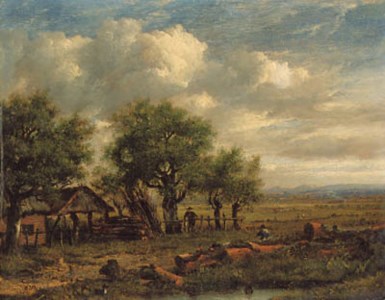 An extensive landscape with woodmen in the foreground