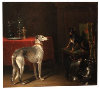 Gun dogs in a 17th century interior
