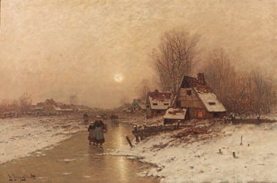 A winter landscape with peasants walking on the ice