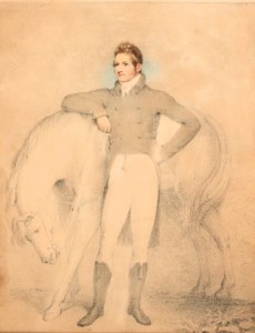 A Gentleman, in hunting costume leaning against his horse