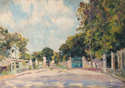 A sunlit street in a village