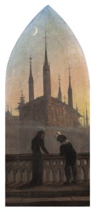 Personen in altdeutscher Tracht in Betrachtung einer mittelalterlichen Stadt