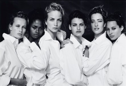 Estelle Lefébure, Karen Alexander, Rachel Williams, Linda Evangelista, Tatjana Patitz, Christy Turlington, Santa Monica, California, 1988
