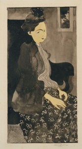 Femme assise avec un chapeau à plumes